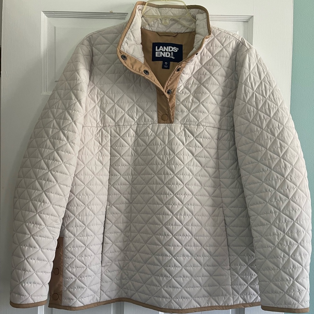 Women’s Lands End Insulated Quilted Snap Neck Pullover Jacket Beige Tan XL